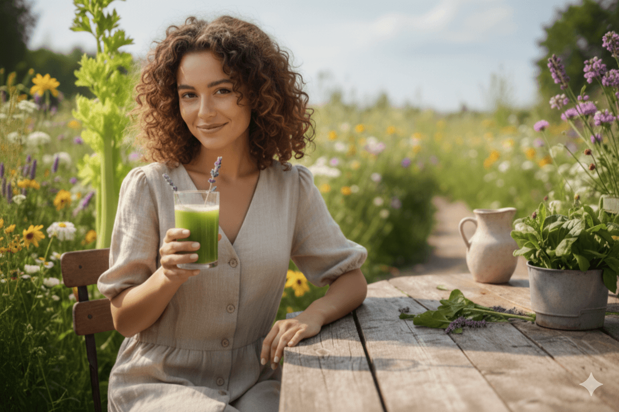 Woman with curly hair holding a green smoothie in a natural garden setting